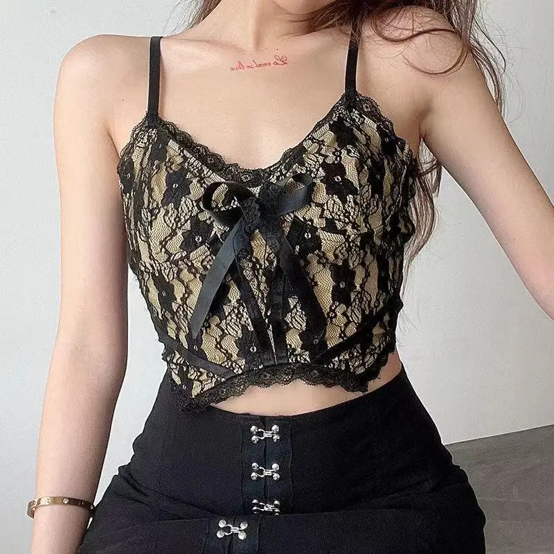 

Goth Aesthetic Lace Crop Tops Women Back Zip Up Dark Academia E Girl Clothes Double Layer V Neck Sexy Cami Top 2021