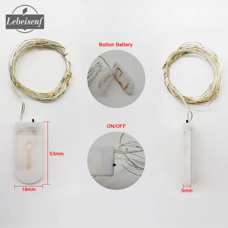 Mini tira de luces LED con batería CR2032 para Navidad, guirnalda de alambre de cobre para boda y fiesta, 10 unidades
