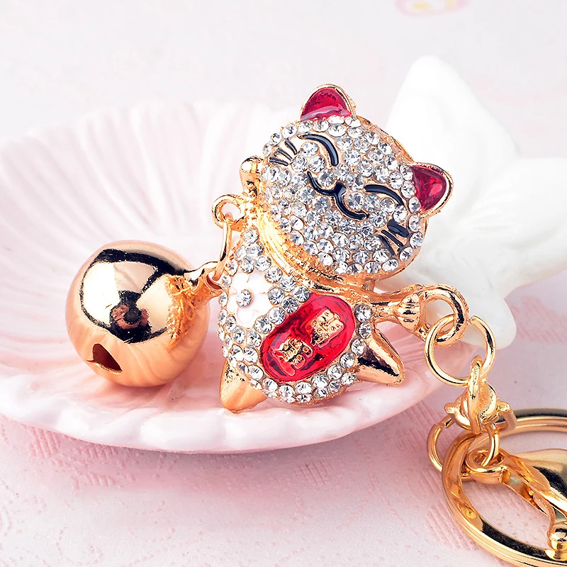 Cute Crystal Keychain Women's Alloy Big Bell Rhinestone Japanese Lucky Cat Car Key Chain Girl Bag Pendant Jewelry Keyring Animal