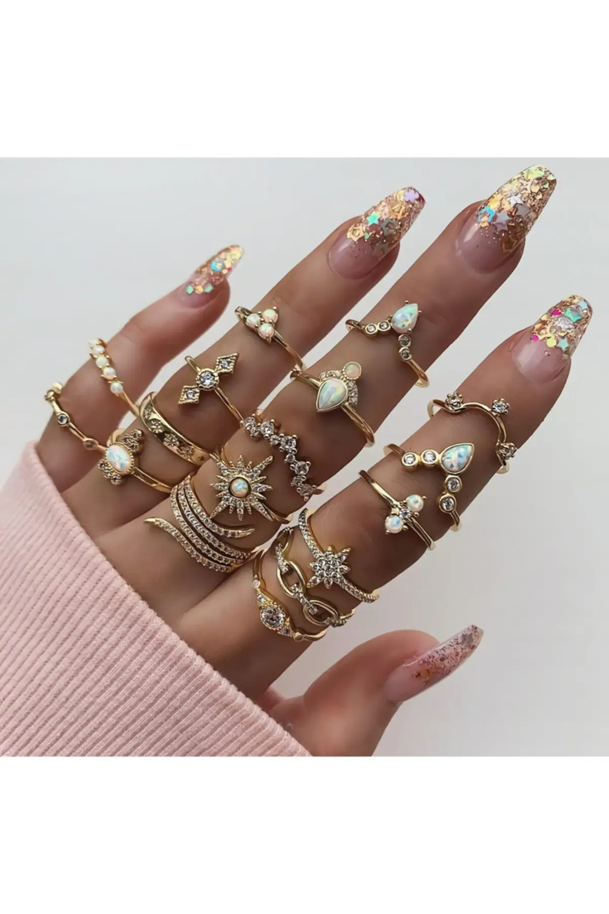 Bohemian Alaçatı Style 17 Pcs Joint And Ring Set, Women ring set