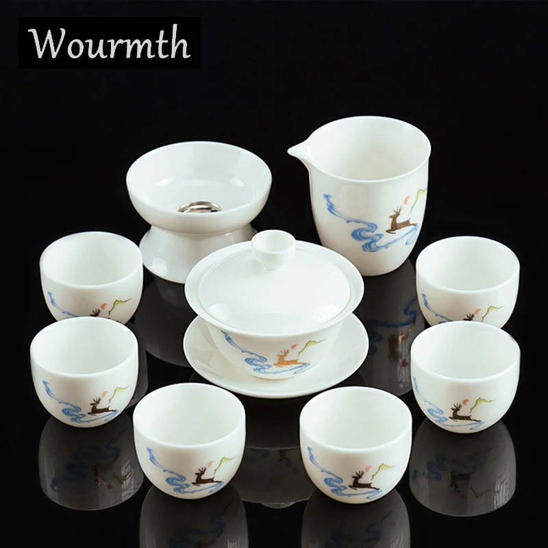 Wourmth-White Porcelain Kungfu Tea Set, Office Teaware Set, Bone China Teacup, Gaiwan Strainer, High Quality, 10Pcs/Set