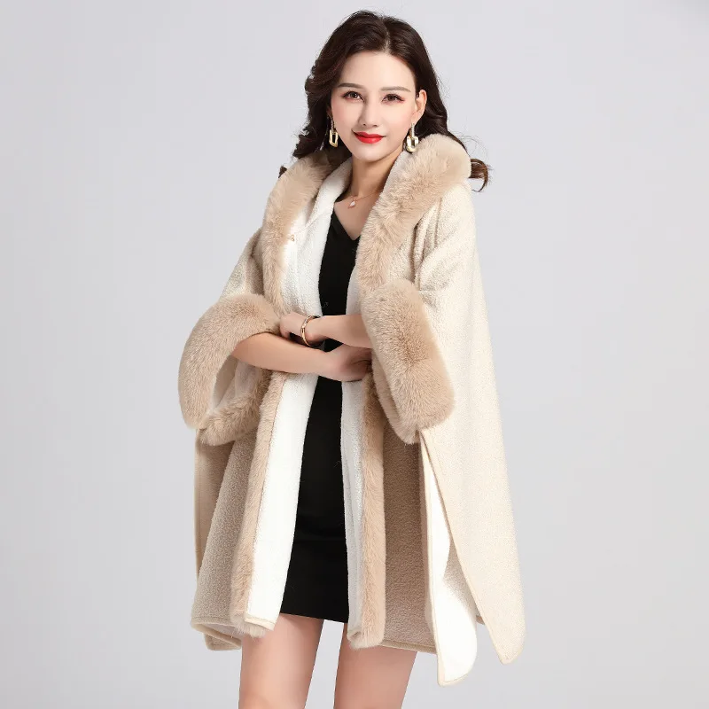 Women Granular Cardigan Long Cloak Loose Coat With Hat Winter Thicken Velvet Big Pendulum Faux Fur Collar Outstreet Poncho Capa