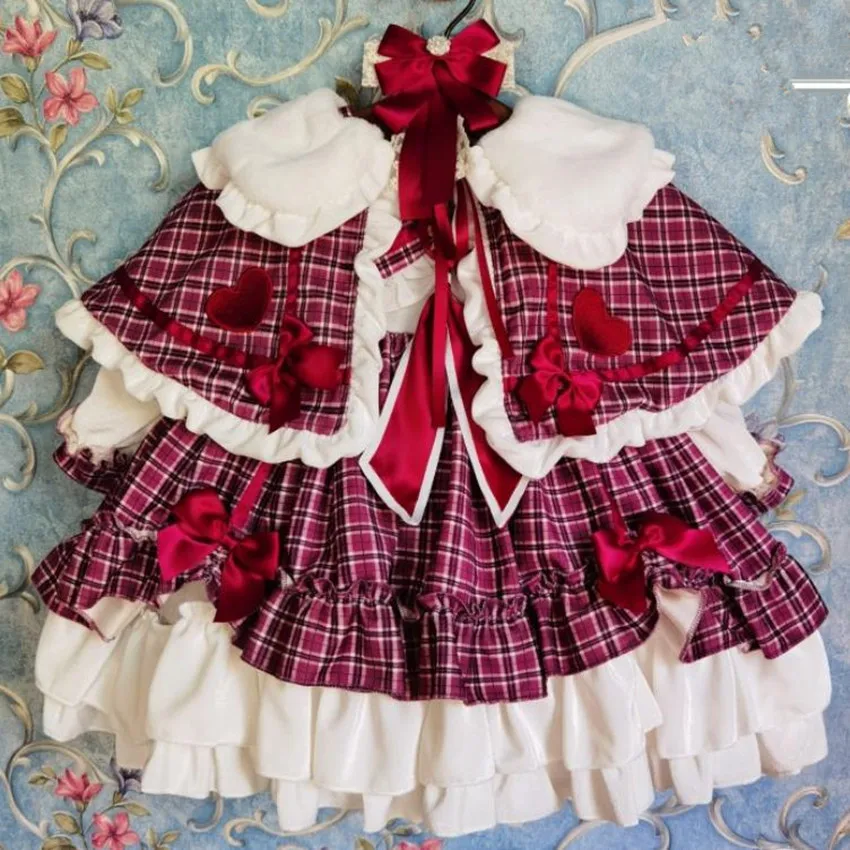 

Baby girl winter vintage England Spanish plaid cloak lolita princess dress kids velvet bow birthday party ball gown dress