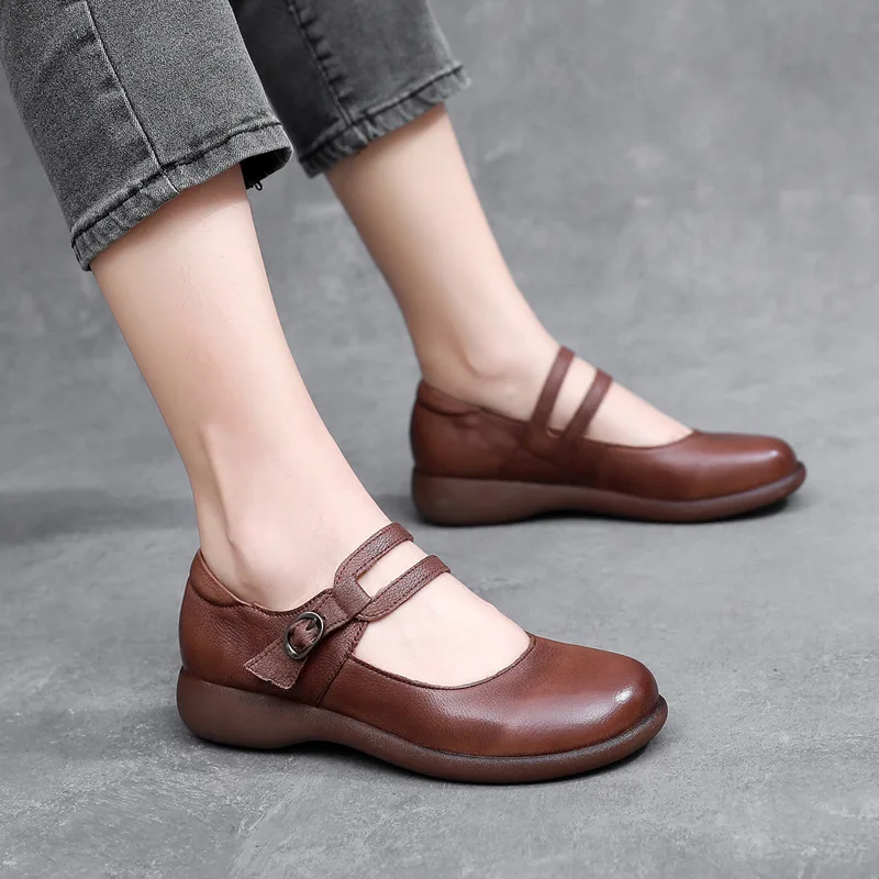 GKTINOO Leather Shoes Women Mary Janes Genuine Leather Women\'s Shoes Round Toe Belt Buckle Ladies Casual Flats Large Size