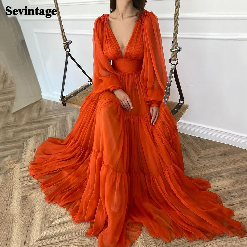 Sevintage Customized Long Puff Sleeves Prom Dresses V-Neck Pleats Chiffon Princess Evening Gowns Women Party Dress Plus Size