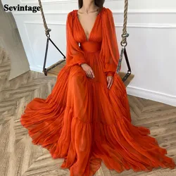 Sevintage Customized Long Puff Sleeves Prom Dresses V-Neck Pleats Chiffon Princess Evening Gowns Women Party Dress Plus Size