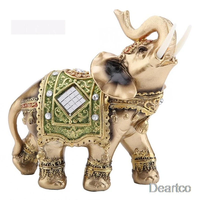 S M L Feng Shui Brass Color Resin Elegant Elephant Trunk Statue Wealth Lucky Figurine Home Decor Gift