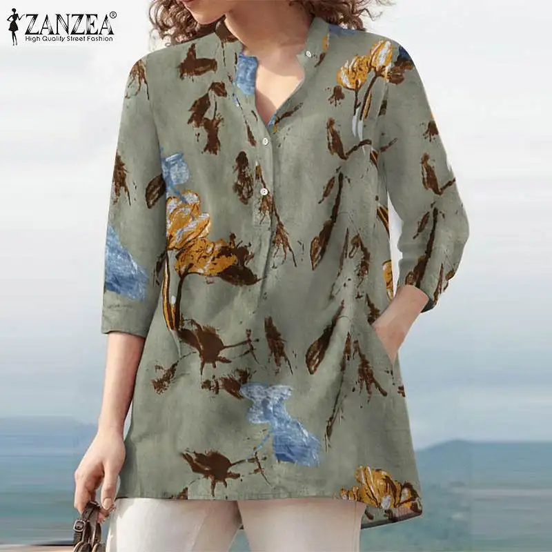 ZANZEA-Blusa con estampado Floral para mujer, camisa bohemia de manga 2023 para vacaciones, blusa informal para fiesta, 3/4