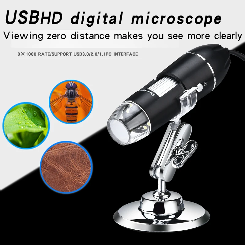 Microscopio Digital USB de mano, microscopio electrónico portátil con interfaz USB, 8 LED, soporte, 1000X HD