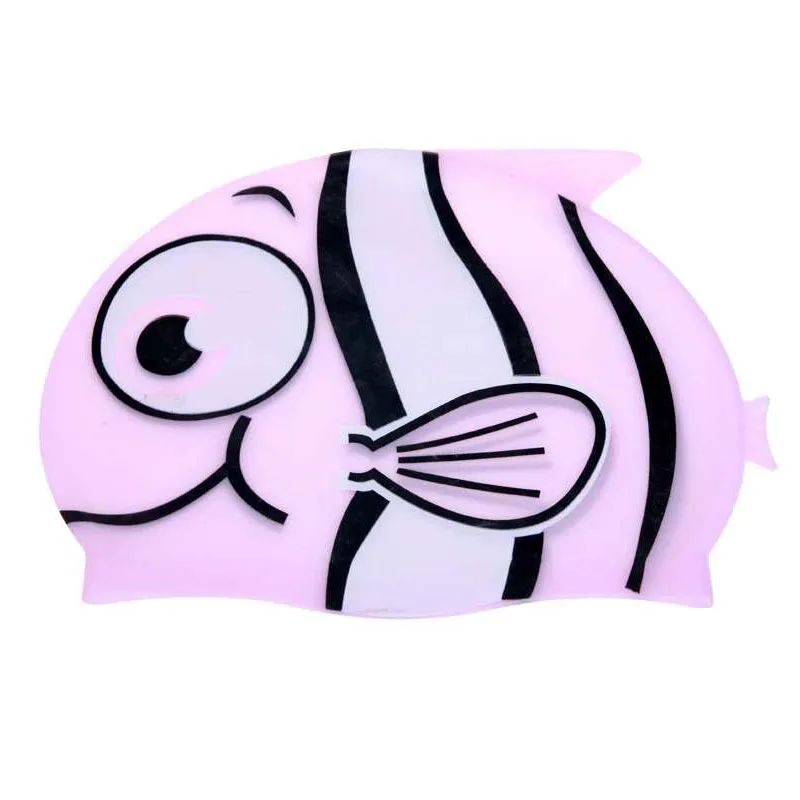 Swimming Cap Children Waterproof Cartoon Fish Print Kids Swim Pool Silicone Ear Protector Cute Swimming hat for Boy Girl