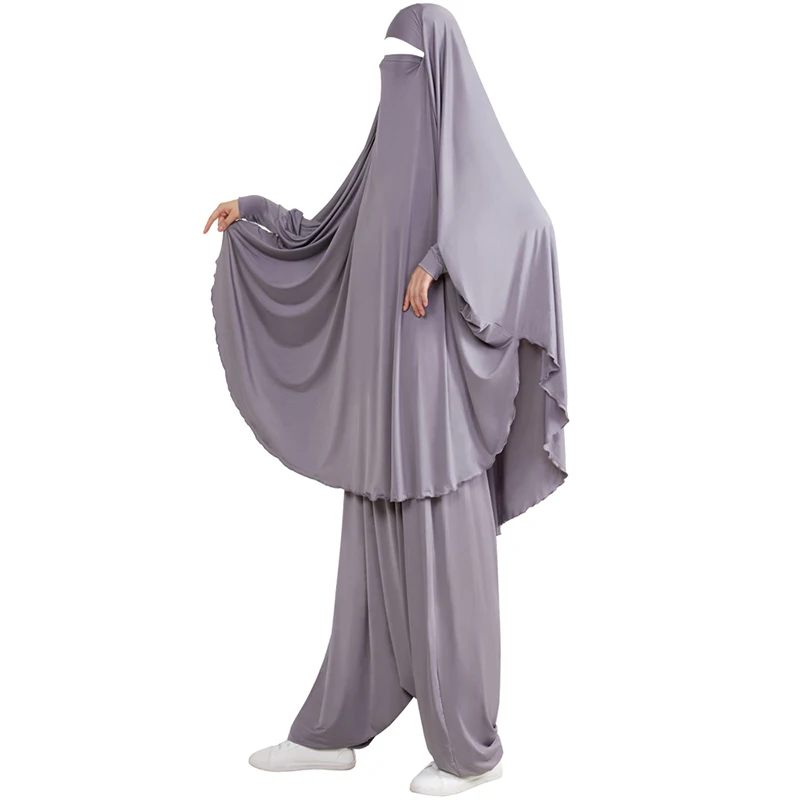 

Muslim Women 2 Pieces Prayer Set Long Khimar with Built-in Niqab + Harem Pants Saudi Turk Islamic Umrah Overhead Prayer Outfit