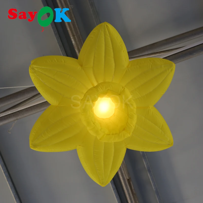 1m Dia Inflatable LED Hanging Flower Inflatable Yellow Flower with 16 Colors Changing Light for Event Showing Stage Decoration