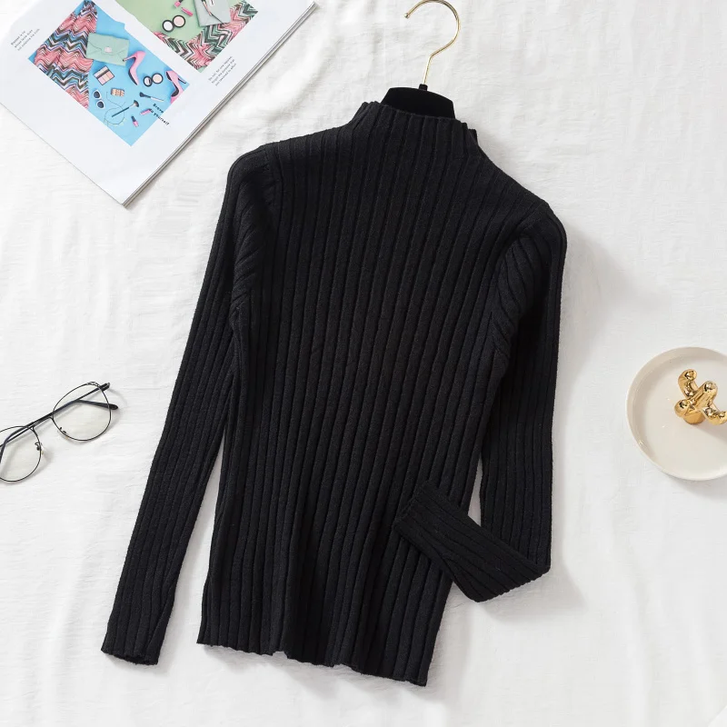 Woman Sweaters 2023 Autumn Winter Ribbed Knitted Sweater Women Pullover Mock Neck Long Sleeve Solid Casual Knitwear Tops Clothes