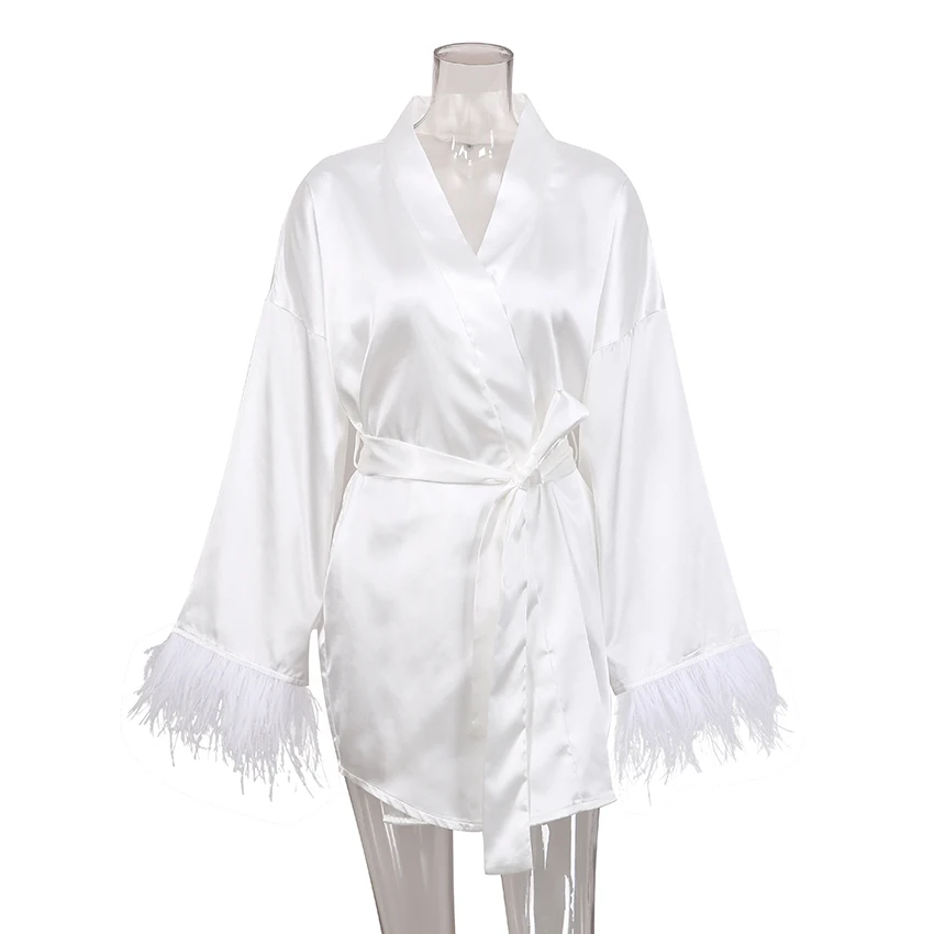 Hiloc White Satin Pajamas With Feathers Peignoirs For Women Robe Long Sleeve Wedding Dress Bride Sexy Mini Dress Black Bathrobes