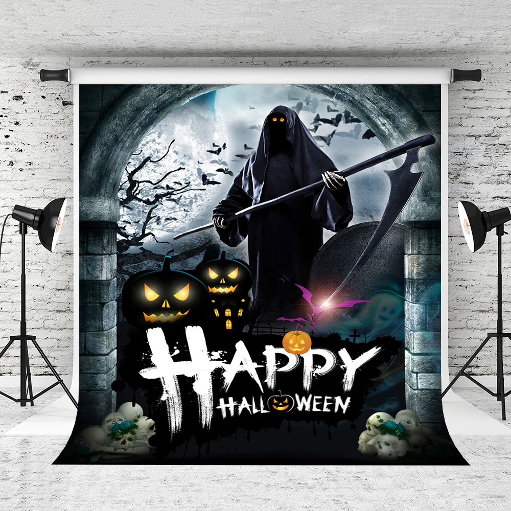 

VinylBDS Theme Happy Halloween Photography Backgrounds Grim Reaper Pumpkin Bat Devil Night Backdrop Photo for Studio