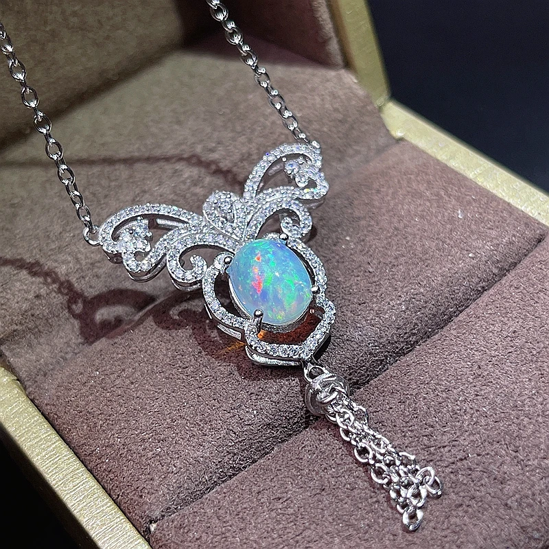 Natural Opal Necklace, Australian mining area, color changing and colorful, 925 silver