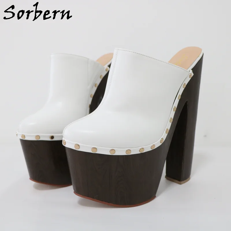 Sorbern 22cm Brown Women Mules High Heels Pump Shoe Gold Rivets Closed Toe Shoe Chunky Heeled Female Slides Custom Colors