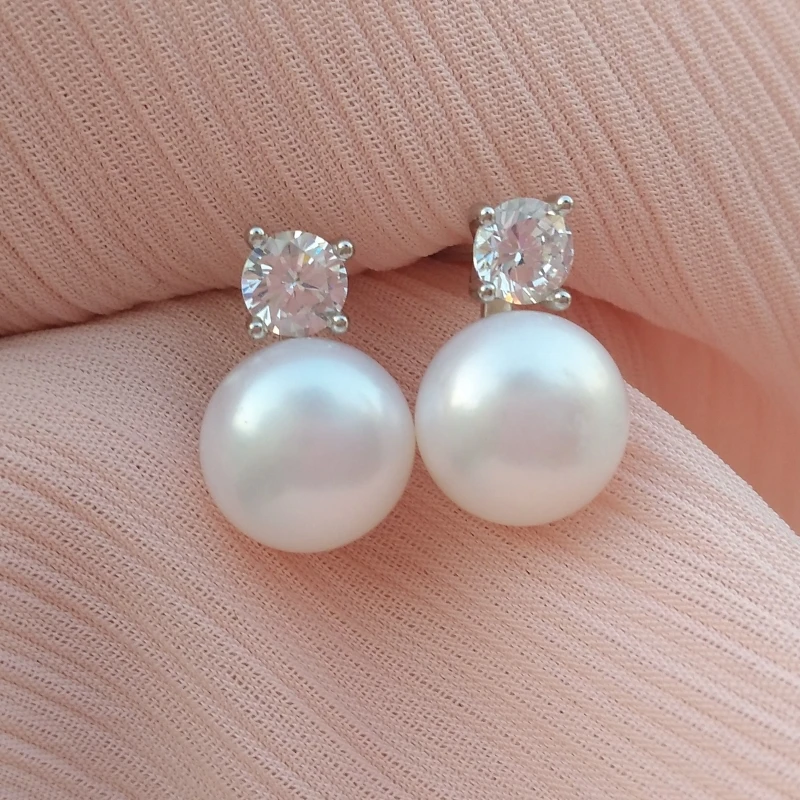 Customizable 9-10mm South Sea Pearl Stud Earrings Lustrous White Natural AAA+ Real Zircon 925 Silver New Design