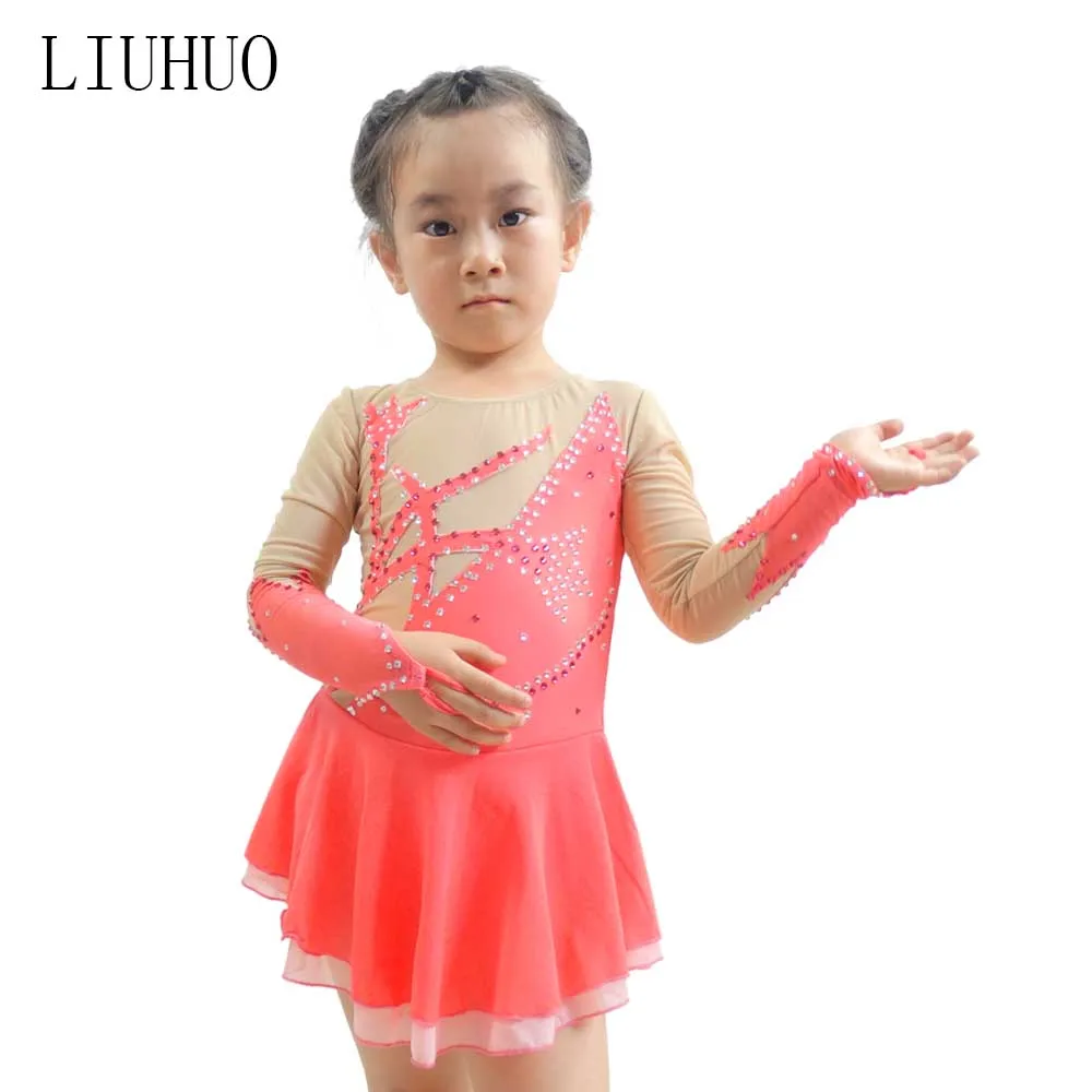 LIUHUO Kids Girls Sparkly Rhinestone Tulle Splice Keyhole Back Figure Skating Ice Skate Ballet Dance Gymnastics Leotard Dress