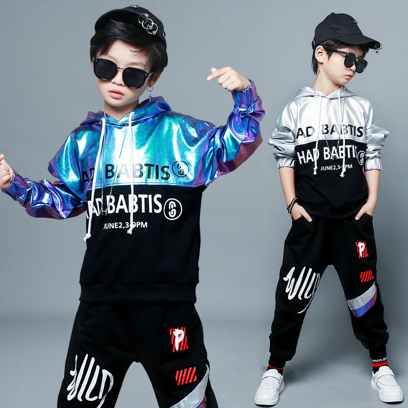 Boys Hip-Hop Clothing Set Spring Fall Children's Glossy Sportswear Dancing Clothes Suit Students Fashion Spliced Streetwear P198