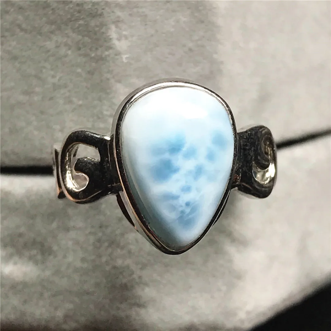 Natural Blue Larimar Ring Jewelry For Woman Man Sterling Silver Crystal 15x10mm Beads Water Pattern Stone Adjustable Ring AAAAA