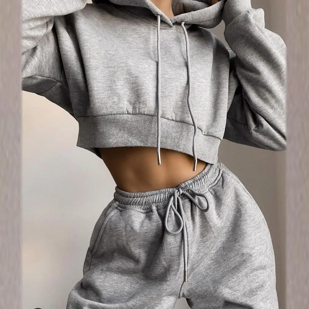 Weiß Herbst Sexy Hoodies Hosen Set Trainingsanzug Mit Kapuze Kordelzug Frauen Langarm Crop Top Hoodies Taschen Hosen für Sport