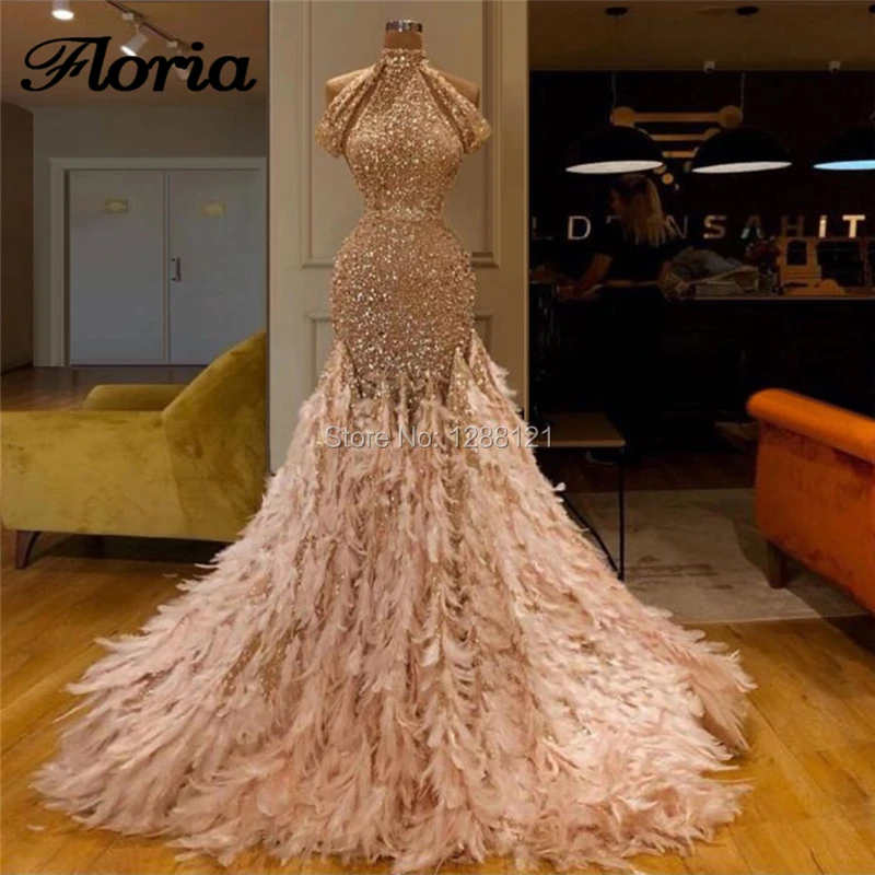 

Women Feathers Beading Evening Dresses For Dubai Turkish Vestido Custom 2020 Aibye Islamic Long Rhinestone Prom Party Dress Gown