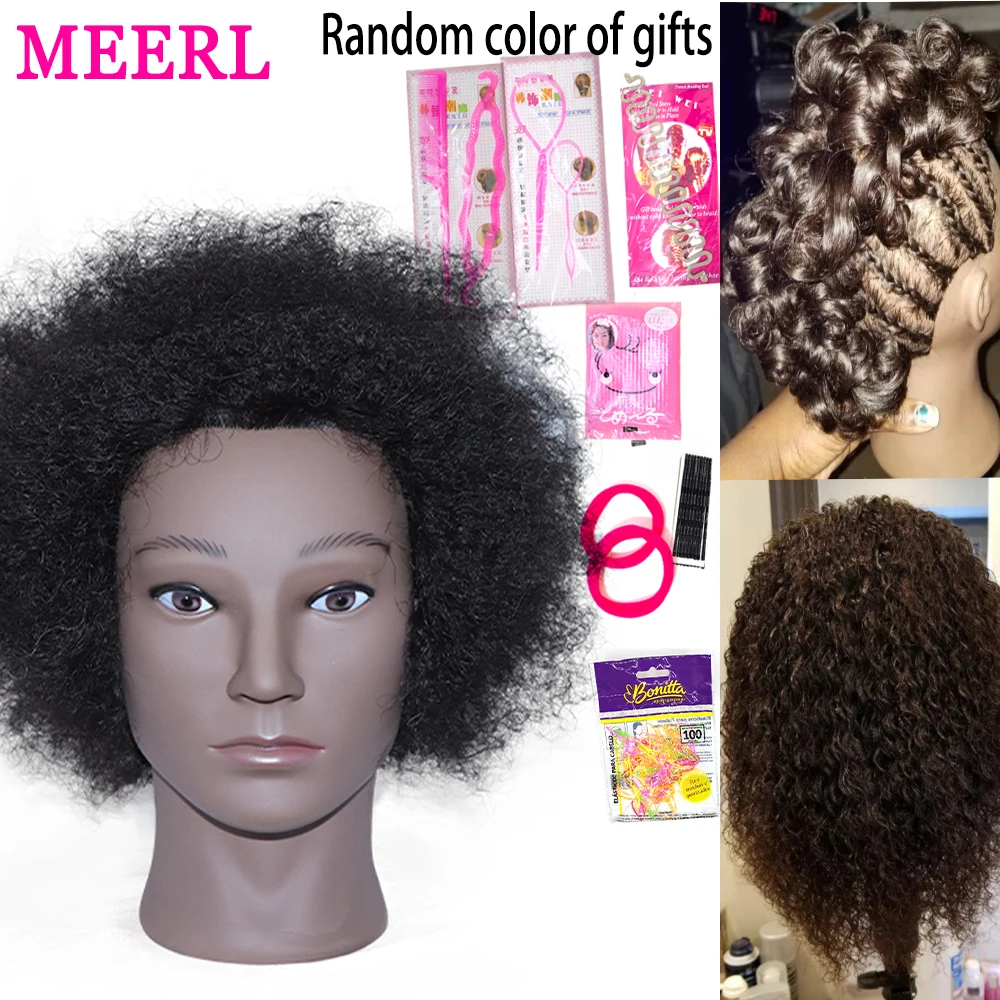 Afro Mannequin Head Real Human Hair Hairdressing Head African Salon Traininghead Manikin Cosmetology Doll For Braiding Styling