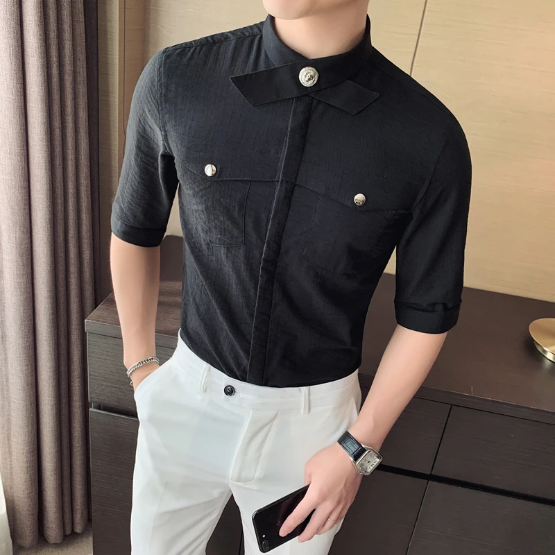 Stijl Solide Britse Kleur Overhemd Slim Fit Mannen Casual Shirts Prom Club Smoking Jurk 4XL Zomer Mannen Jurk Half Sleeve shirt Geel