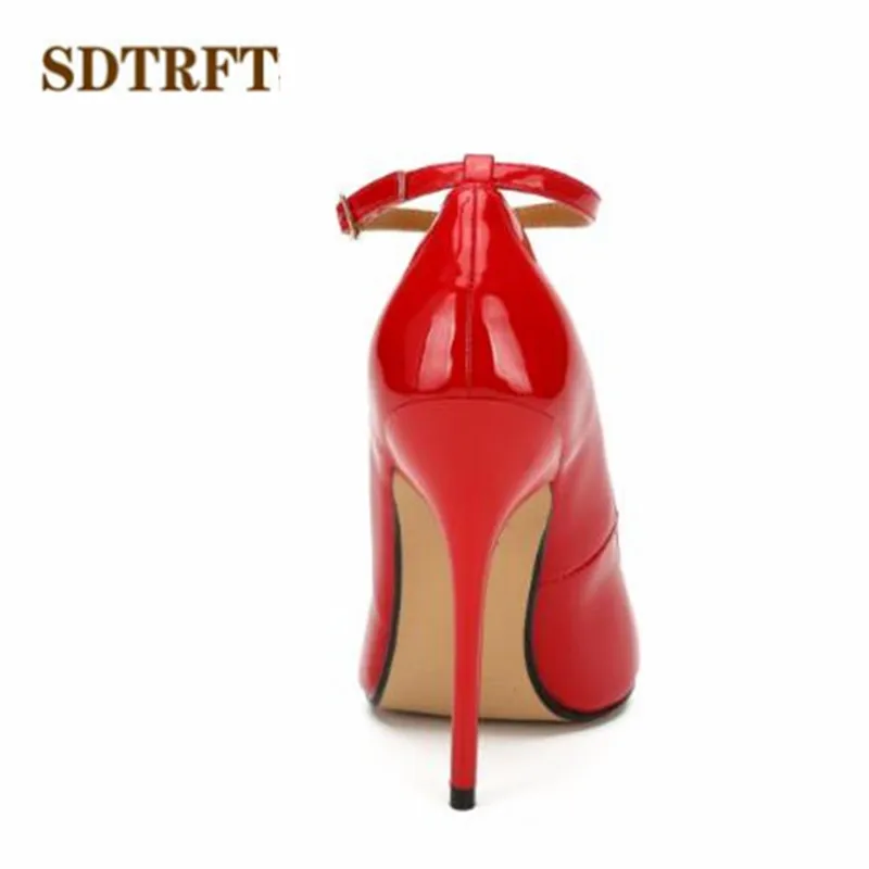 SDTRFT Woman Buckle Pumps 14cm Thin Heels Pointed Toe Stiletto Ladies Patent Leather Classic Fetish Ballet Shoes Plus:40-48 49