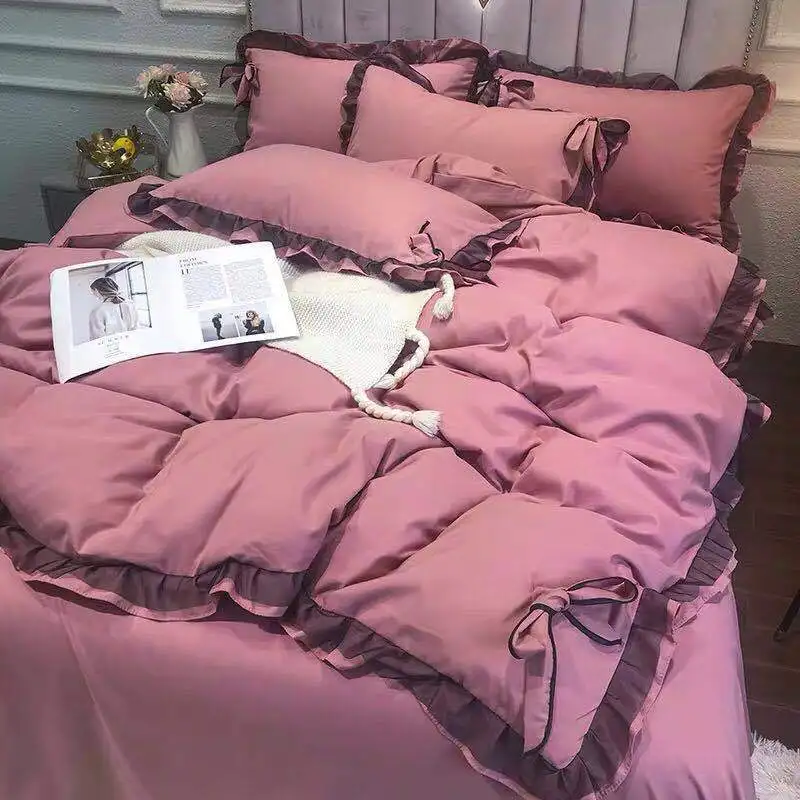 

Four-Piece Princess-Style Bowknot Lace Solid Color Bedding Set, Universal In All Seasons, Soft And Comfortable