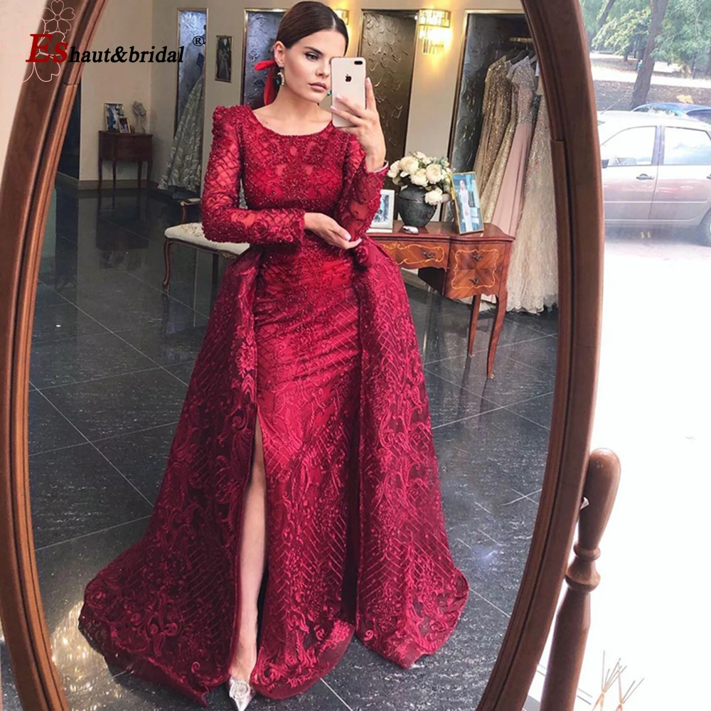 Dubai Full Lace Wedding Evening Night Dresses for Women 2023 Mermaid V-Neck Long Sleeves Crystal Handmade Formal Party Gown