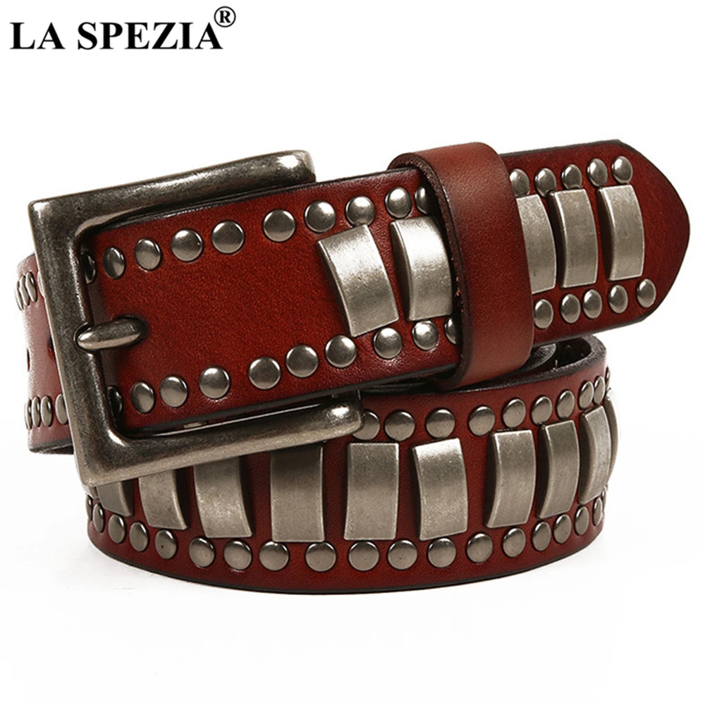 LA SPEZIA Rivet Men Genuine Leather Rock Belt Brown Male Belts High Quality Novelty Motorbike Autumn Punk Clothing Accessories