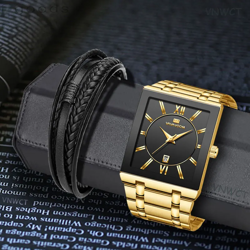 

VA VA VOOM Relogio Masculino Watch Men Square Mens Watches Top Brand Luxury Golden Quartz Stainless Steel Waterproof Wrist Watch