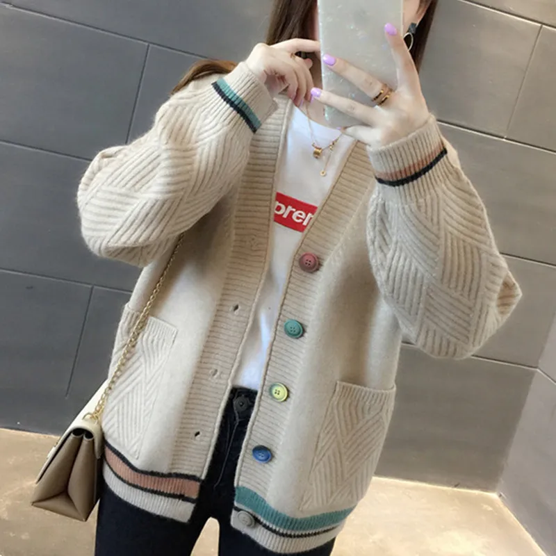 Zoki Fashion V Neck Women Cardigan Sweater Autumn Long Sleeve Single Breasted Knit Coat Casual Korean Striped Pocket Sweater