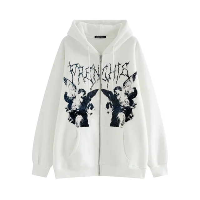 Vintage Hoodies Mens Hip Hop Streetwear Angel Print Jacket Harajuku Cotton Fleece Jacket Oversized Zip Sweatshirt Y2K Clothing
