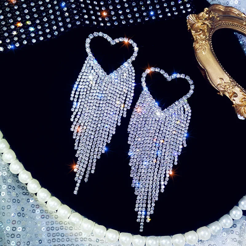 Classic Romantic Big Heart Rhinestone Long Tassel Earrings Women's Bridal Dangle Drop Earrings Wedding Jewelry