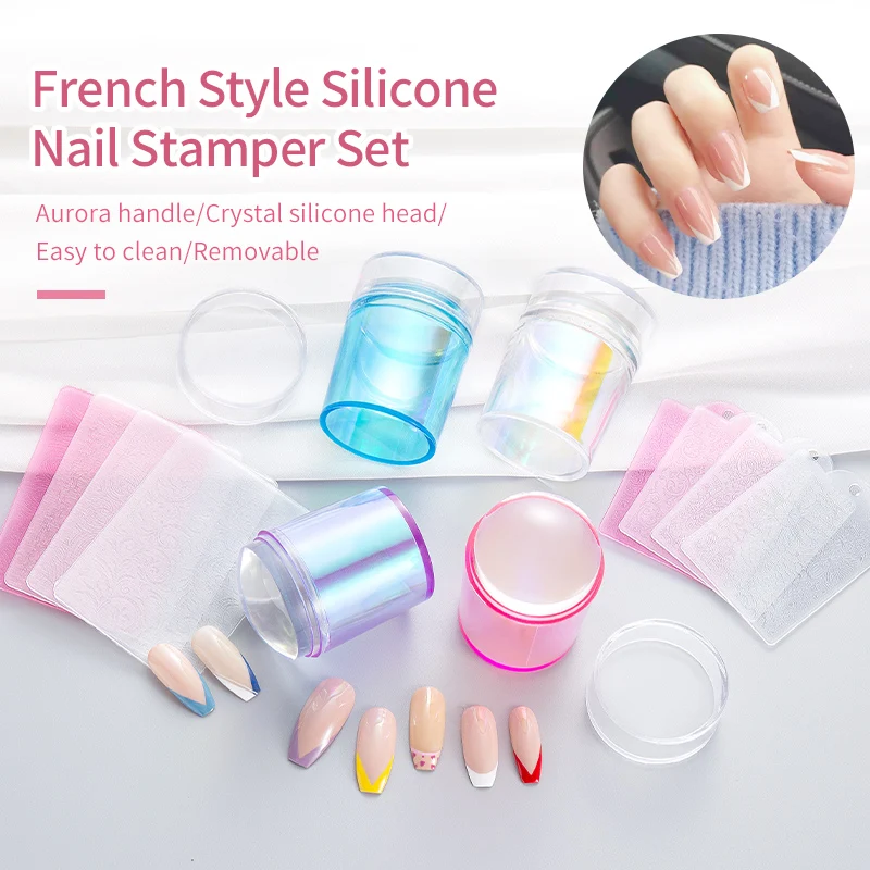 

Iridescent Silicone Transparent Nail Stamper Stencil Template Scraper For French Nails Stamping Tool With Cap