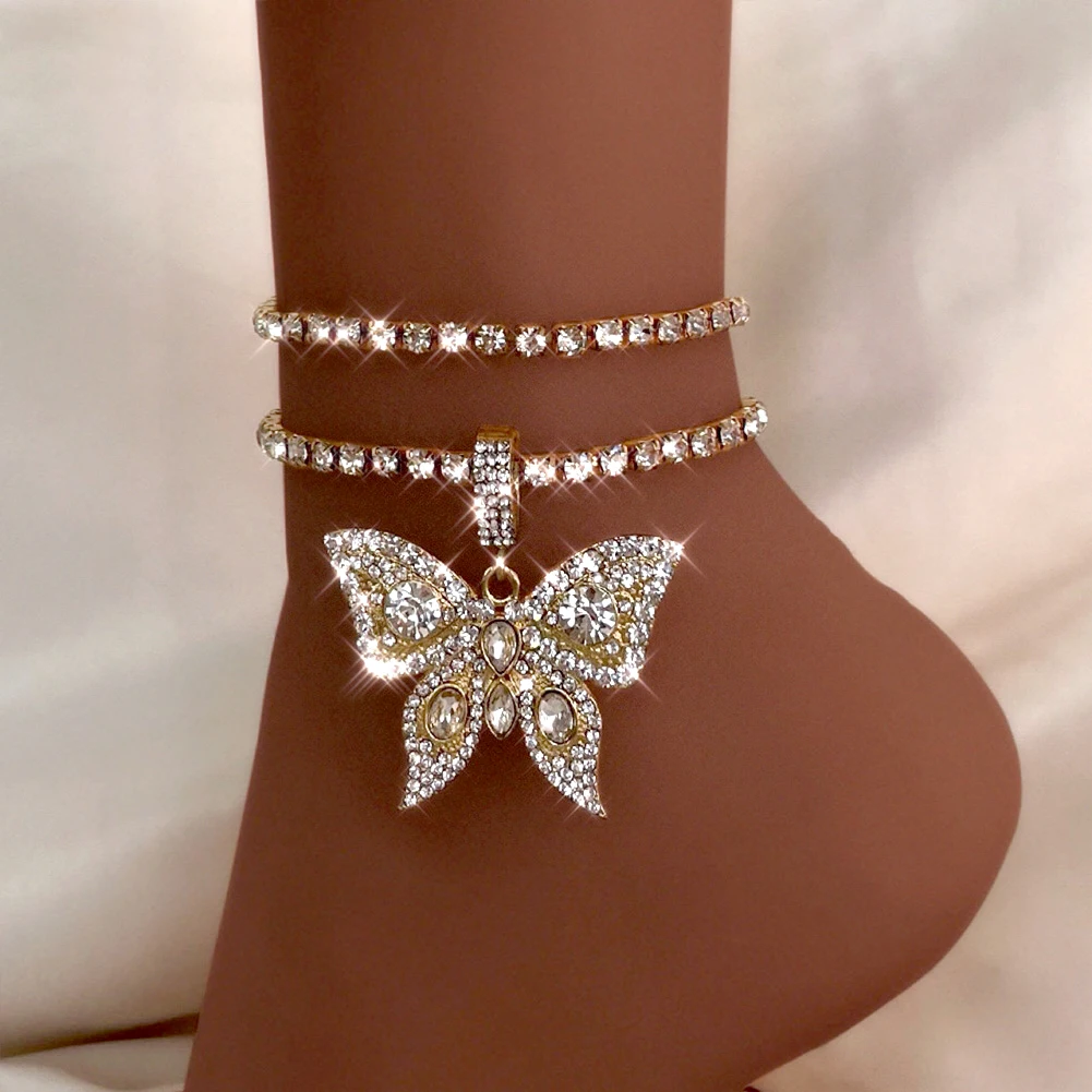 Iced Out Crystal Rhinestones Butterfly Pendants Anklet Chain For Women Multi-layer Big Rhinestones Tennis Chain Ankle Jewelry