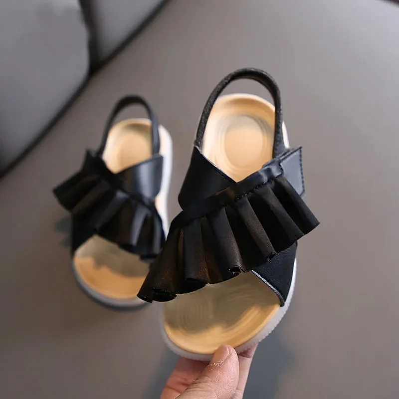 Summer Little Girls White Black Ruffles Sandals Kids Non-slip Korean Toddler Baby Princess Dress Shoes Shoe 1 2 3 4 6 Years Old