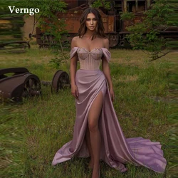 Verngo Dusty Purple Sweetheart Mermaid Long Prom Dresses Off Shoulder Corset Satin Pleats Slit Floral Applique Evening Gowns