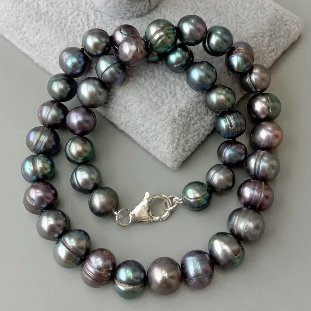 YYGEM 925 Silver Clasp Natural 10-11mm Freshwater Cultured Black Potato Pearl Choker Necklace 17