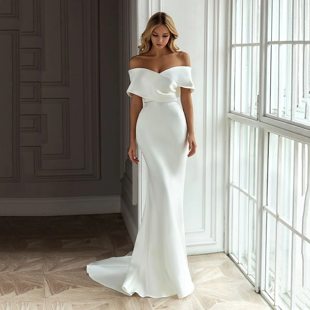 Simple Satin Mermaid Long Wedding Dress With Detachable Train Off ShoulderBridal Marriage Party Gowns Dubai