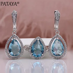 PATAYA New Water Drop Jewelry Set Light Blue Natural Zircon Earrings Ring Sets White Gold Color Women Hollow Wedding Fashion