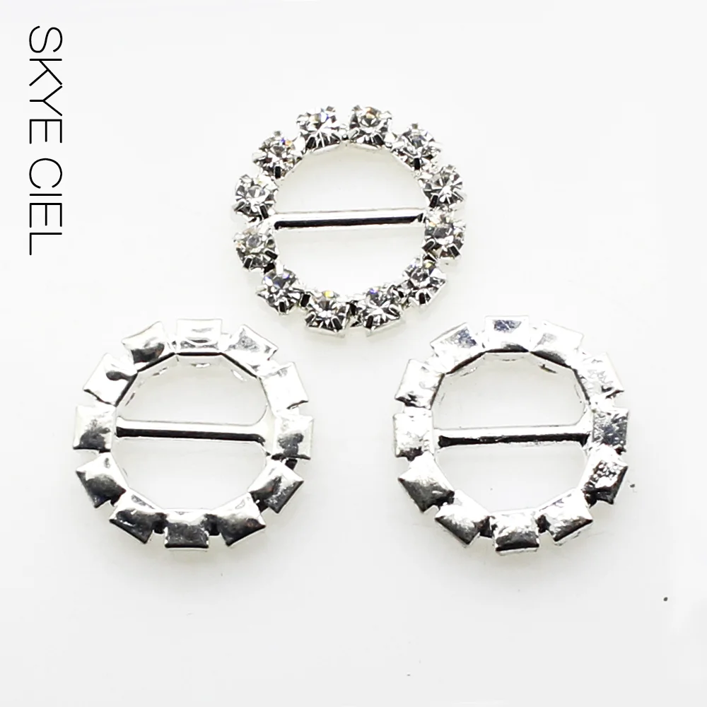 SKYE CIEL Hot sell Offer15mm  10Pcs/Lot Round Crystal Rhinestone Buckle Invitation Ribbon Slider For Wedding Silver Accessories