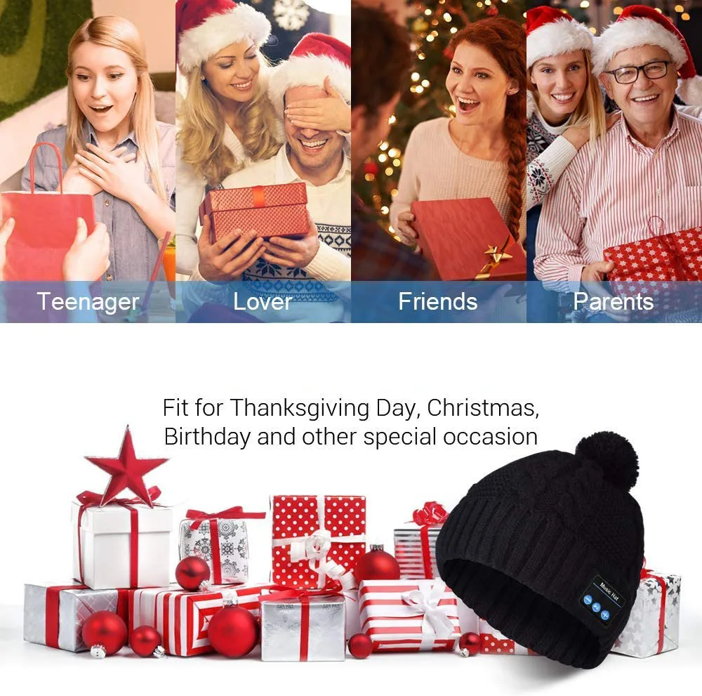 Bluetooth Hat, Bluetooth Beanie, Pom Pom Beanie Hat Built-in Speakers & Microphone for Winter Fitness Outdoor Sports