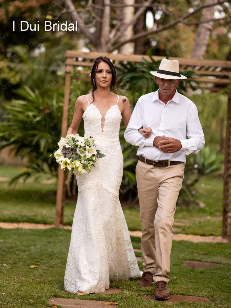 Della Cinghia di Spaghetti Abiti Da Sposa Di Lusso Della Sirena Del Merletto di Alta Qualità A Basso Scollatura Sexy Low Back Abito Da Sposa