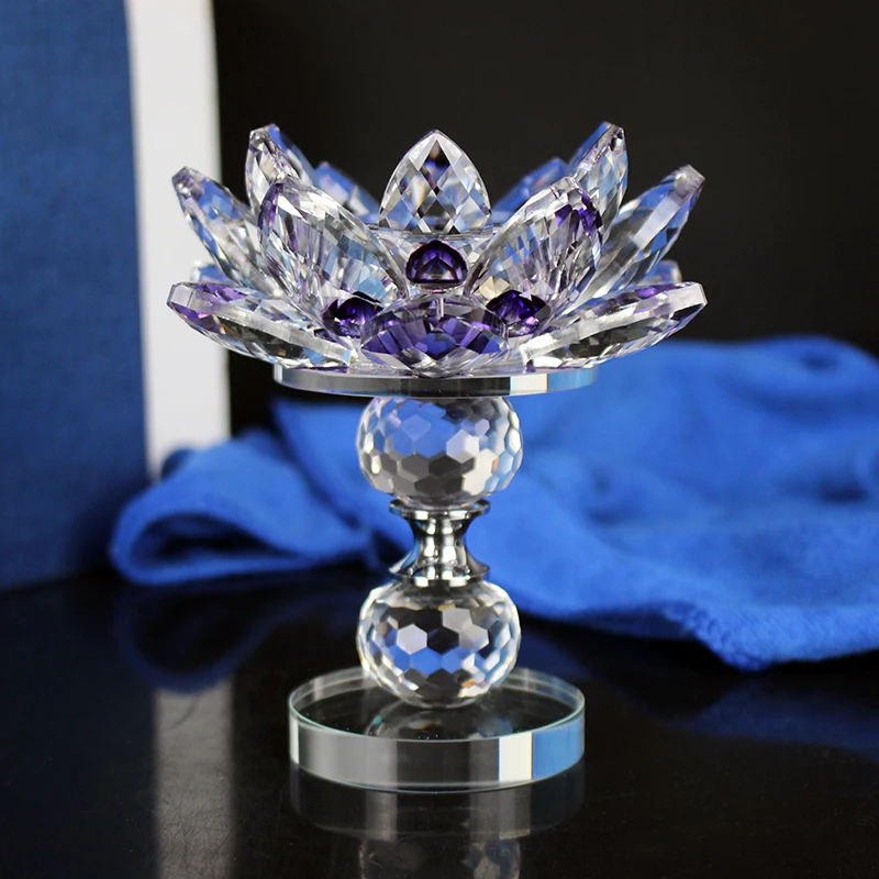 

High Quality Crystal Glass Lotus Flower Figurine Candle Tea Light Holder Stand Feng Shui Ornament Candlestick Home Decoration