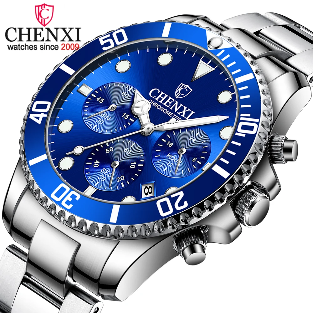 

CHENXI Sport Quartz Watch Men Top Luxury Brand Stainless Steel Blue Waterproof Chronograph Business Clock Date Male Wristwatches