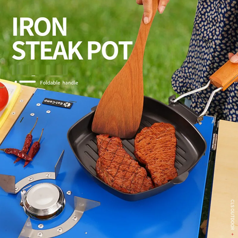 

Outdoor BBQ Pan Picnic Collapsible Frying Pan Cast Iron Pan Baking Pan Anti-scalding Wooden Handle Double Mouth Deep Steak Pan